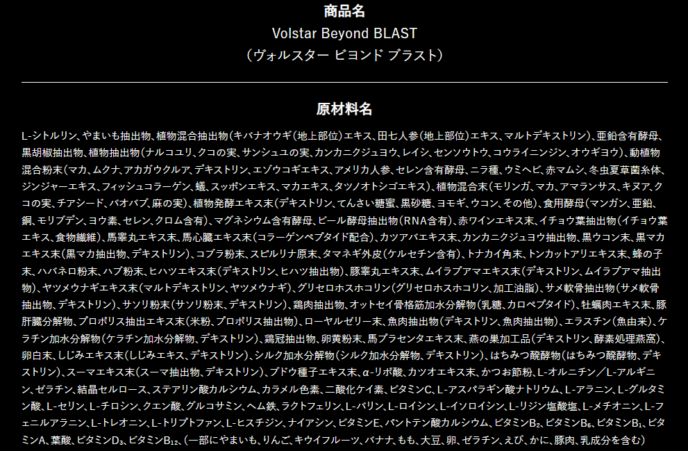 ヴォルスタービヨンドはすべての成分や配合量まで記載されている